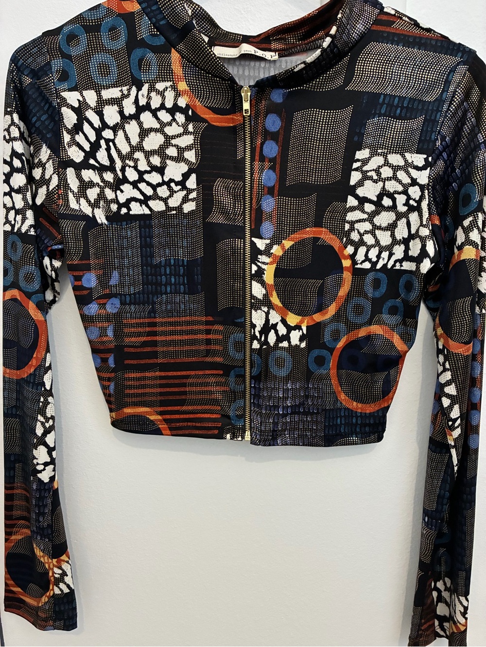 POP Multicolor Printed Crop Top Zip - Black, Orange, Blue, White